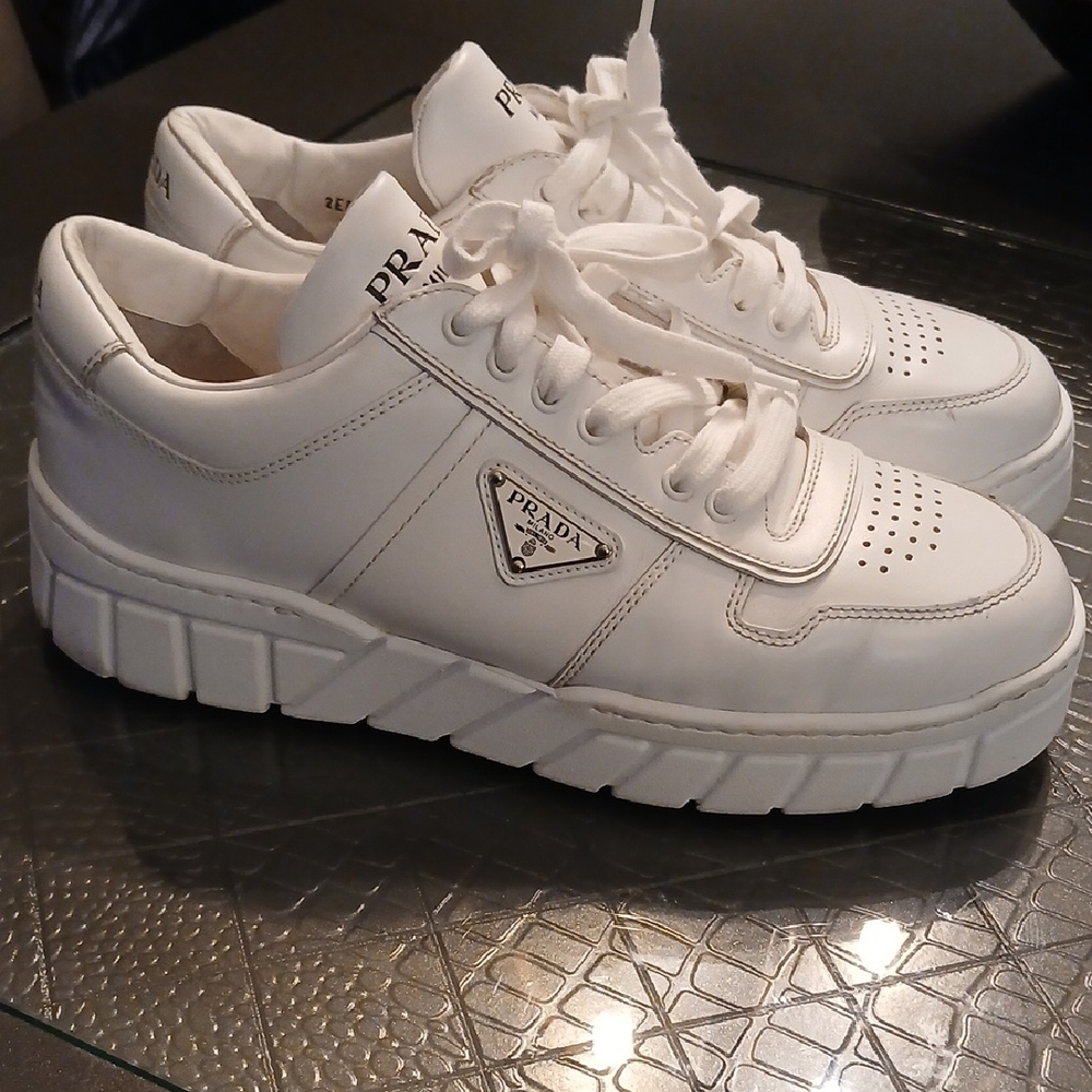 Prada White Leather Platform Sneakers